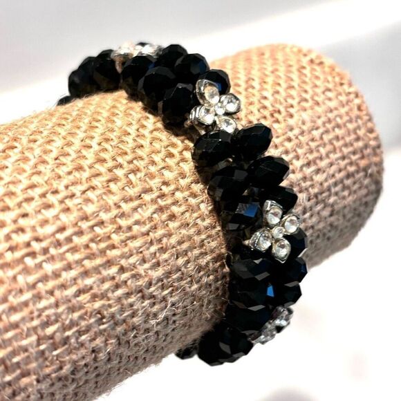 Francesca's Collections Double Strand Faceted Beads Stretch Bracelet Black OS - Picture 1 of 2